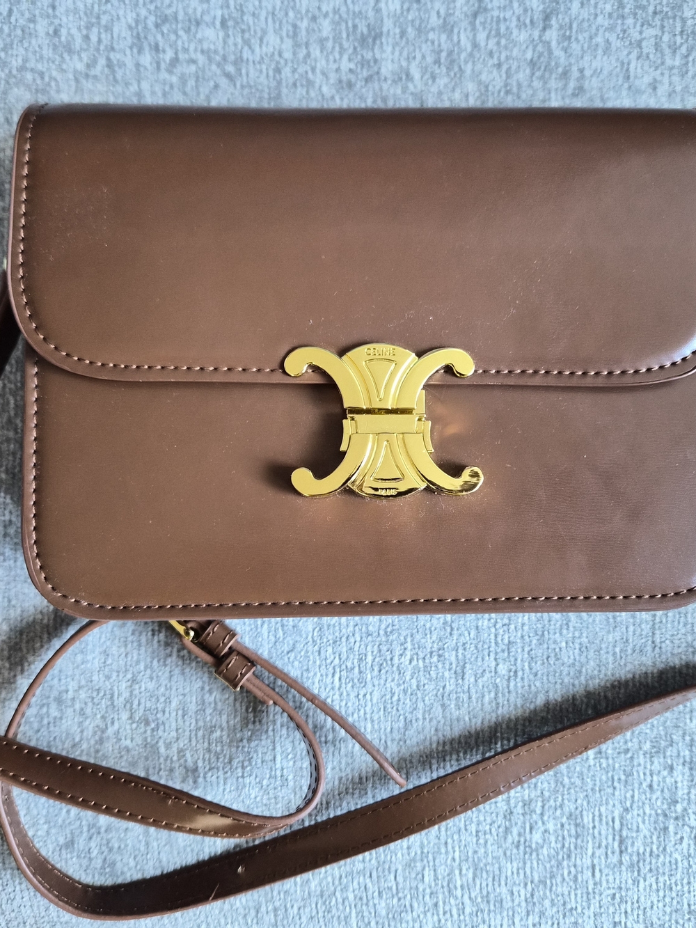Celine Triomphe Like Brown Leather Crossbody Bag with Gold Hardware